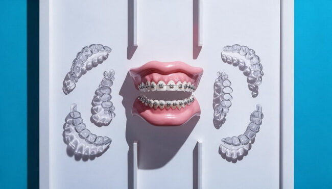 magnific__make-the-teeth-model-with-metal-brace__9298 (1) التقويم الشفاف و التقويم المعدني