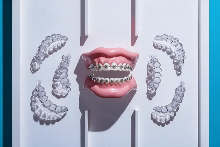 magnific__make-the-teeth-model-with-metal-brace__9298 (1) التقويم الشفاف و التقويم المعدني
