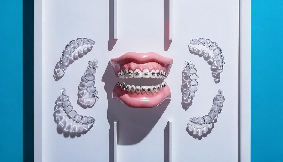 magnific__make-the-teeth-model-with-metal-brace__9298 (1) التقويم الشفاف و التقويم المعدني - clear aligners and metal braces